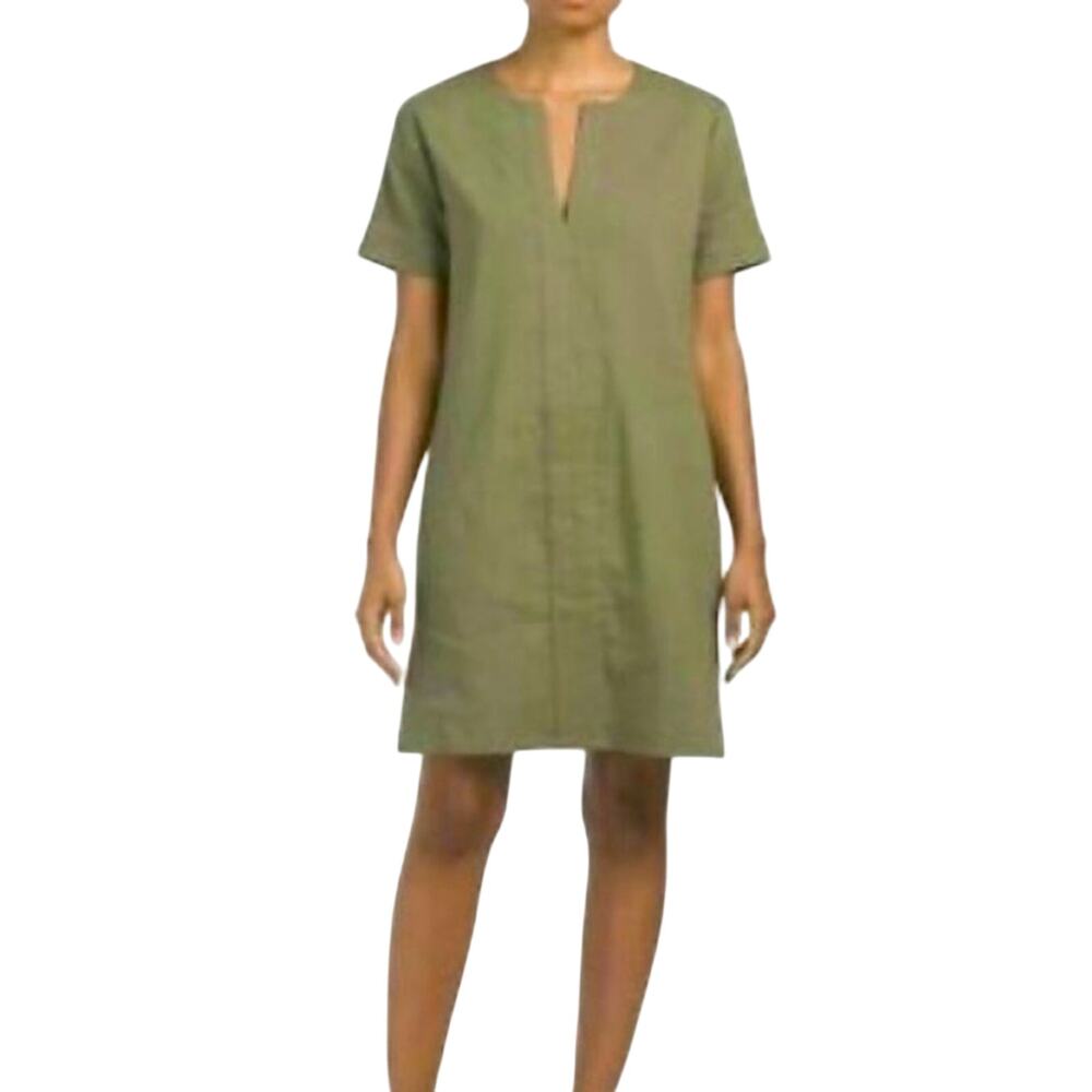 Theory Linen V-Neckline Short Sleeve Shift Dress Khaki Green Size Small Boho
